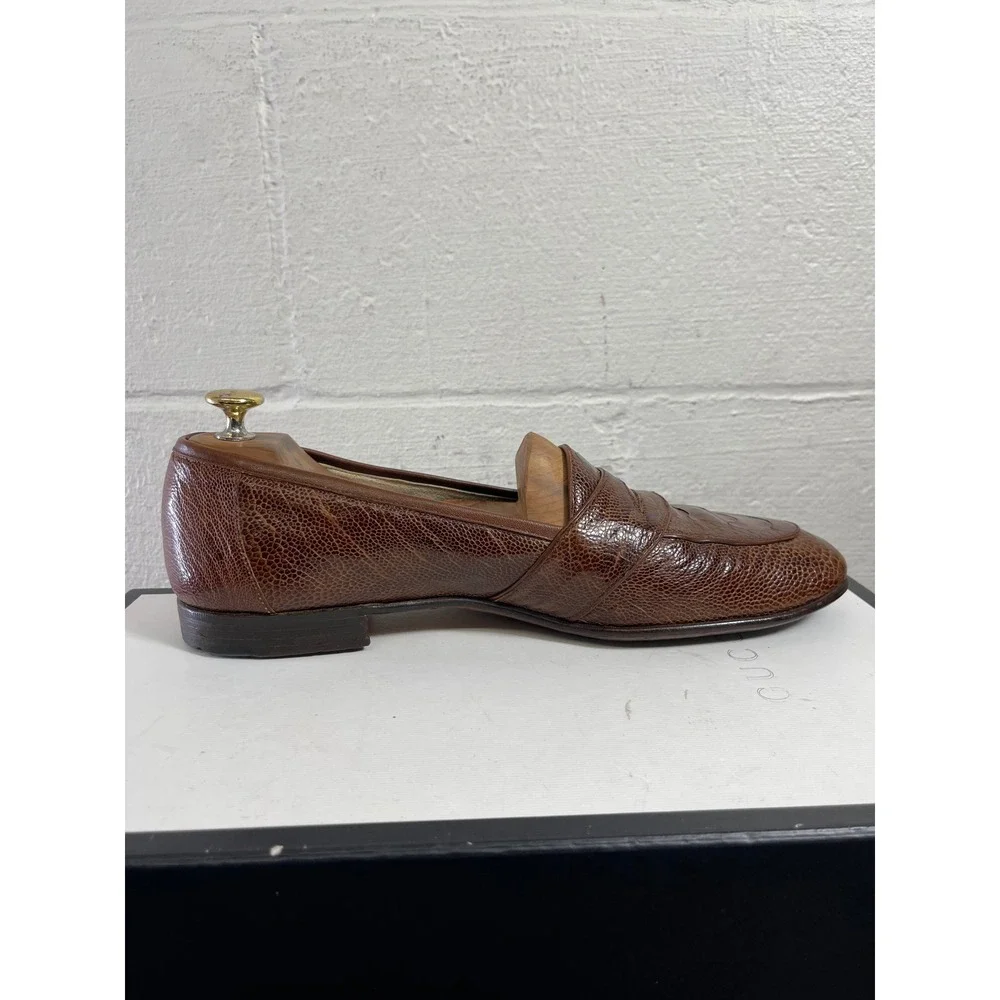 Shoeman Lau‎ Brown Ostrich Leather Penny Loafer Dress Shoes Handmade Men's 10 D